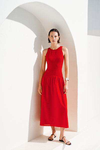 knee length dresses for ladies malinda ls smocked midi dress- red Damson Madder knee length dresses for ladies malinda ls smocked midi dress- red Damson Madder